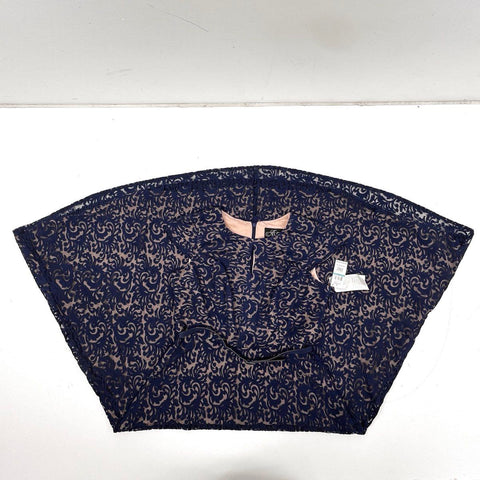 Alex Evenings Women's Navy Blue Gown Embroidered Lace Keyhole Belted Sz 16 NWT