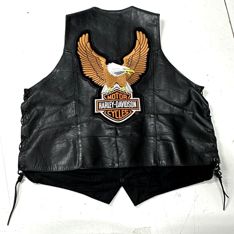 Vintage 90s Zony Harley-Davidson Back Patch Side Lace Leather Biker Vest Sz 46