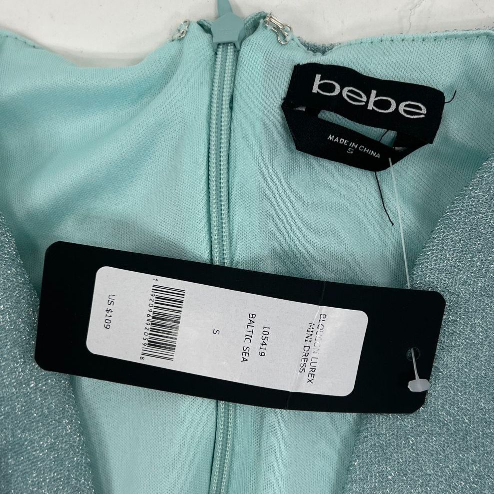 Bebe Blouson Lurex Long Sleeve Mini Dress Baltic Sea Women's Size S NWT