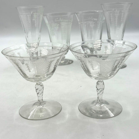 Fostoria Etched Glass 9 Piece Set Crystal Tapered Goblets Champagne Wine Vintage