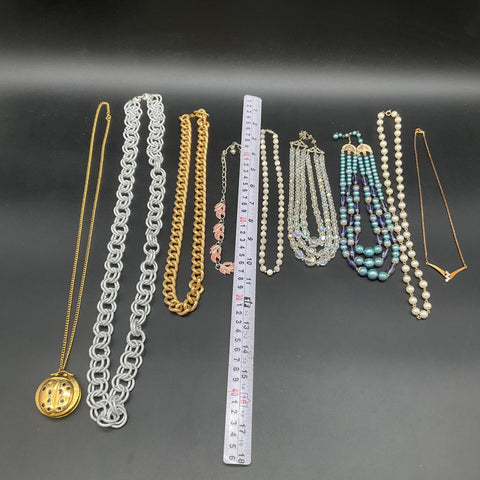 Vintage Costume Jewelry Lot 9 Necklaces Faux Pearl AB Glass Bead Gold Silver