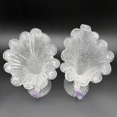 Antique Art Glass Vase Set of 2 Crackle Ice Texture Purple Leaf Accent C.1900