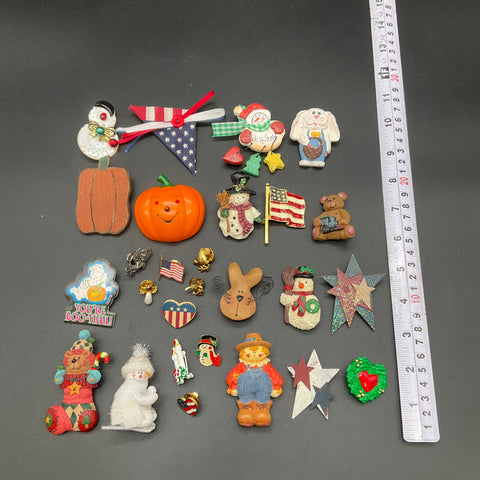 Holiday Novelty Jewelry Pin Lot 25+ Christmas Halloween Patriotic Enamel Resin