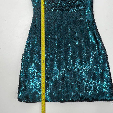 Lovers + Friends Women's Teal Sequin Chevron Mini Dress V-Neck Bodycon Sz S