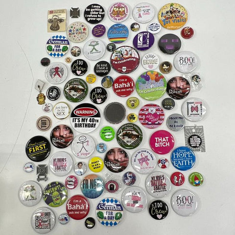 Lot of 85+ Pinback Buttons Enamel Lapel Pins Disney Novelty Humor Awareness