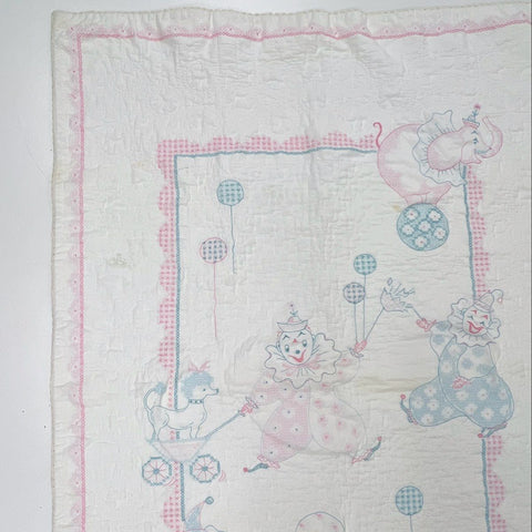 Vintage Hand Embroidered Baby Quilt Stamped Clown Circus Crib Blanket Pink Blue
