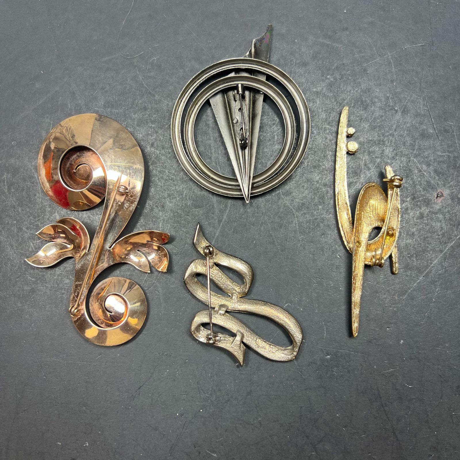 Vintage Modernist Brooches Lot of 4 Some Signed Silver Gold Tone