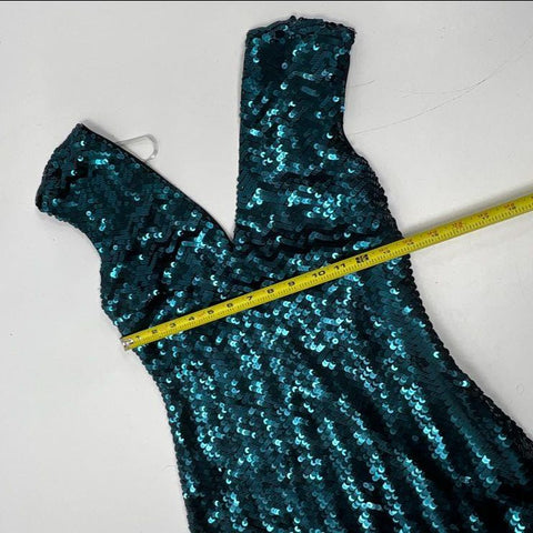 Lovers + Friends Women's Teal Sequin Chevron Mini Dress V-Neck Bodycon Sz S