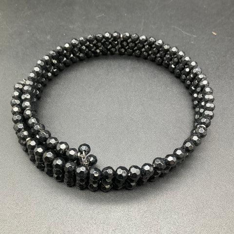 1928 Black Faceted Bead Memory Wire Wrap Bracelet Set 2 Piece Vintage Style