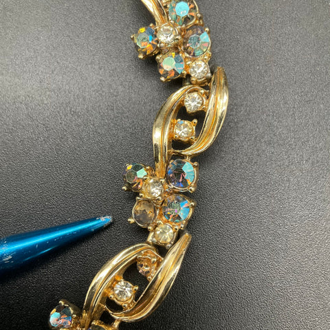 Vintage Gold Tone Aurora Borealis AB Rhinestone Necklace Earring Demi Parure