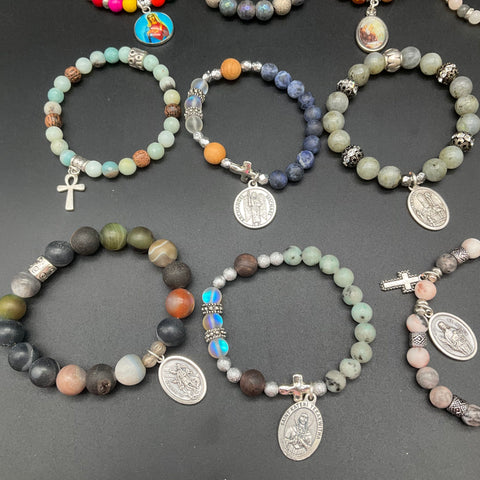 Religious Beaded Bracelet Lot of 20 Saint Medals Crosses Spiritual Stone Beads