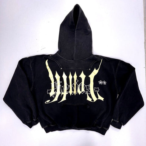 WWH Whole Wheat Honey Men's Black Gothic Heavyweight Boxy Hoodie Thumbholes Sz S