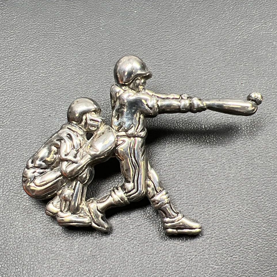 Silver Tone Baseball Batter and Catcher Brooch/Pendant