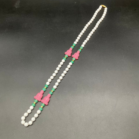 Vintage Milk Glass Pink Plastic Buddha Beaded Necklace Costume Jewelry 32"