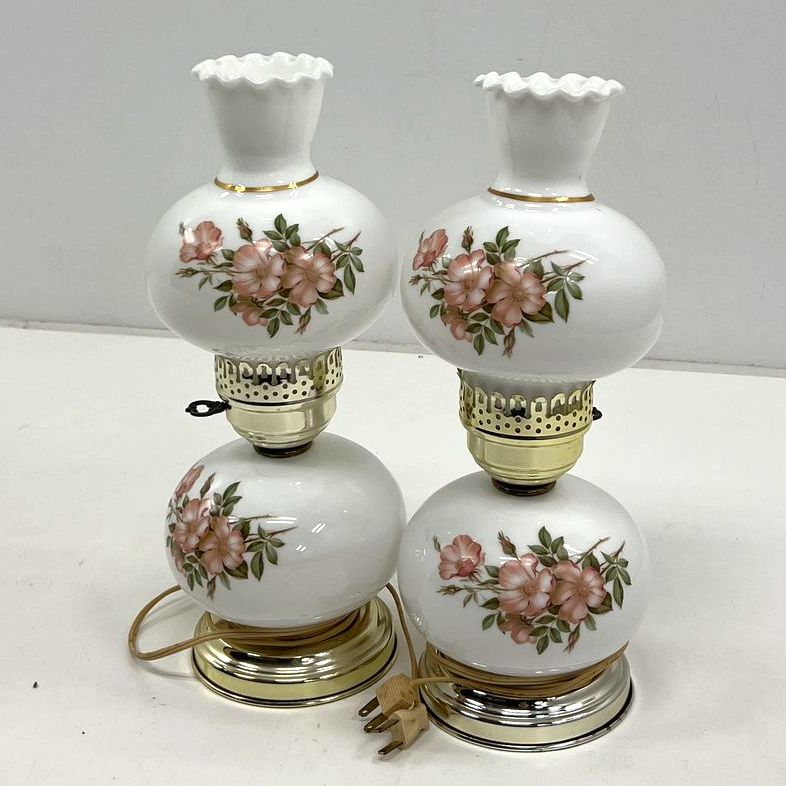 Vintage White Floral Glass Plug In Hurricane "Portable" Table Lamps CRACKED WORK