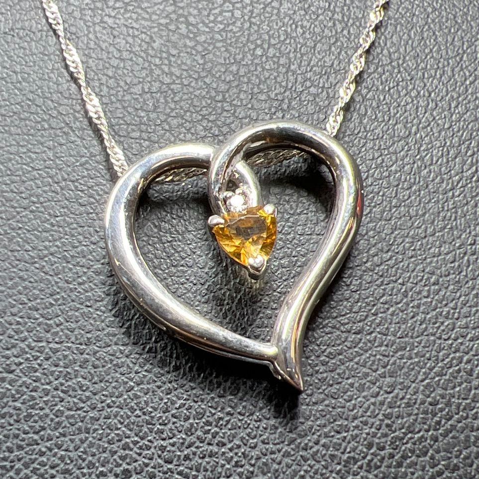 Sterling Silver Yellow Gemstone Heart Pendant Necklace 2.92g