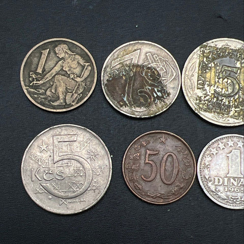 Vintage Coin Lot Yugoslavia & Czechoslovakia 8 Pieces 1960s-70s Glue Residue