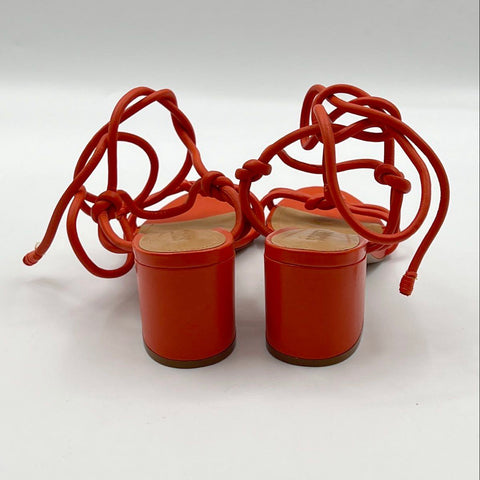 Schutz Vicky Mid Flame Orange Leather Lace Up Block Heel Sandals Size 8B