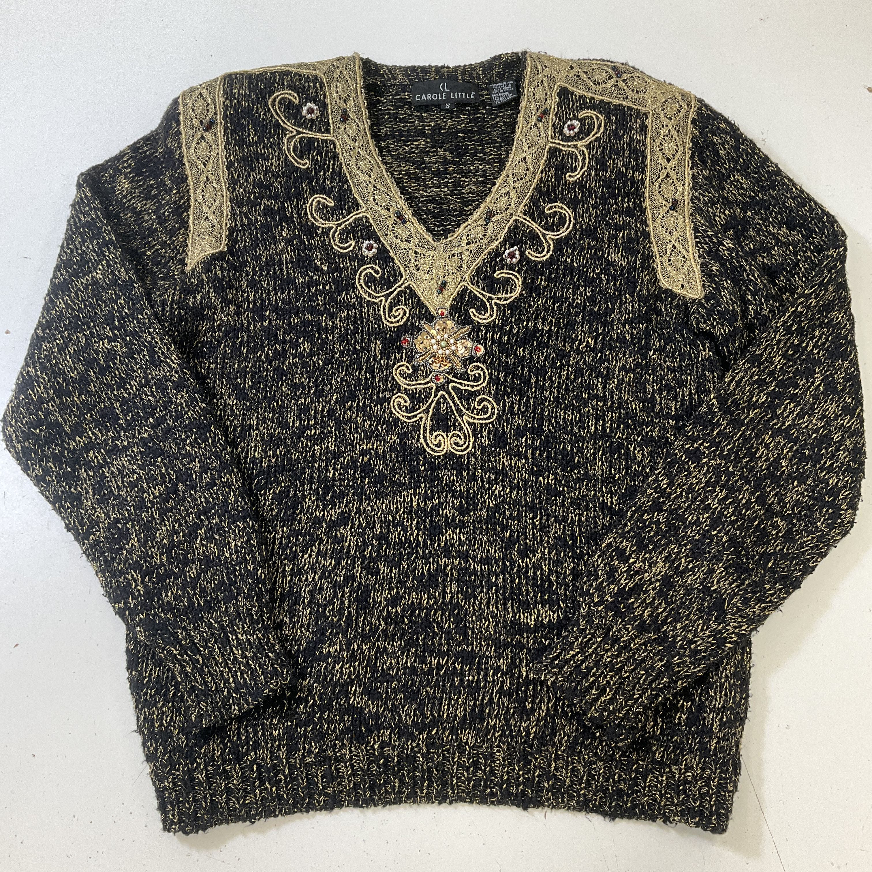 Carole Little Women's Black Gold Fleck Embellished Sequin Sweater Size M Vintage