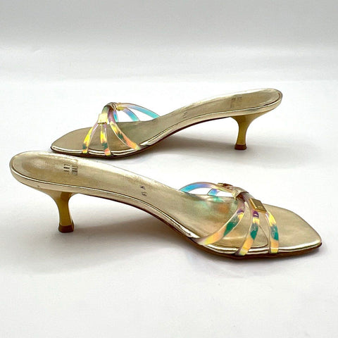 Vintage 90s Stuart Weitzman Gold Iridescent Clear Strappy Kitten Heels Size 8.5