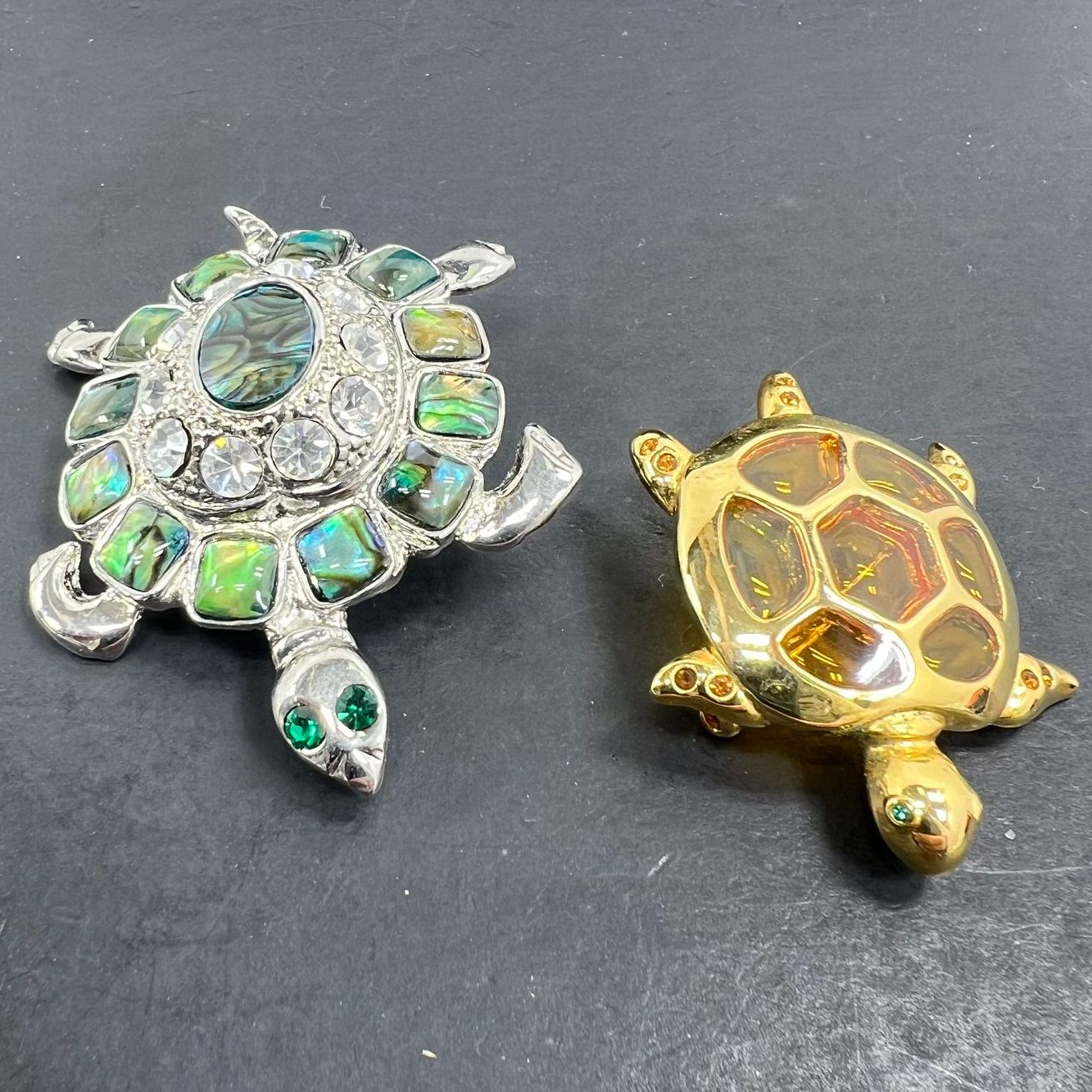 Lot of 2 Turtle Brooches. Bejeweled Silver and Gold Tone