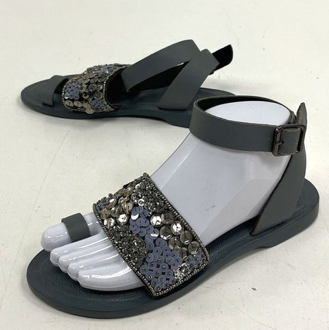 Free People Grey Beaded Sequin Ankle Strap Toe Loop Flat Sandals Size EU 37 US 7