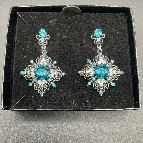 Joan Rivers Classics Blue Crystal Rhinestone Dangle Drop Earrings Signed Box