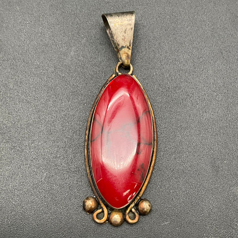 Vintage Mexican Style Silver Tone Red Cabochon Pendant & Earrings Jewelry Set