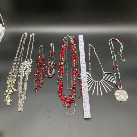 Costume Jewelry Necklace Lot of 6 Beaded Layered Fringe Red Silver Tone