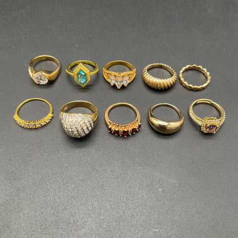 Gold Tone Fashion Jewelry Ring Lot of 10 Rhinestone Faux Gemstone Sizes 6.5-9