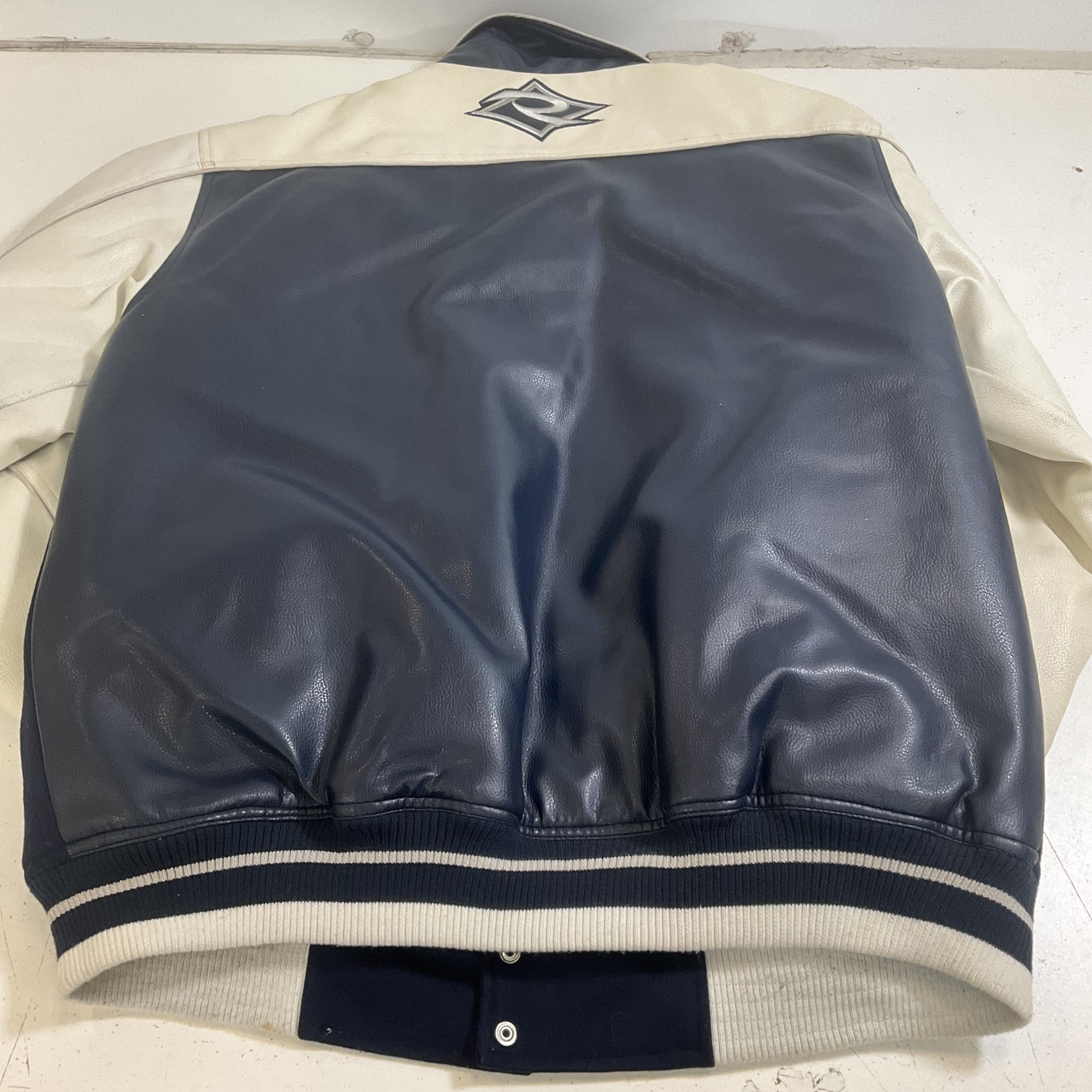 Wrex Men's Navy White Solid Wool Faux Leather Varsity Jacket Size L Vintage