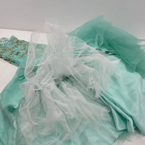 Madison James Women's Mint Green Beaded Sequined Mermaid Tulle Formal Gown Sz 4