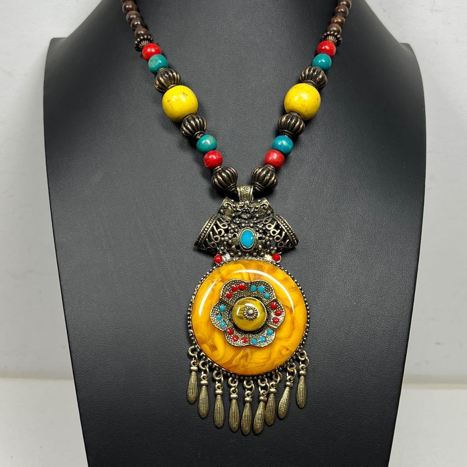 Ornate Yellow Pendant Beaded Boho Necklace
