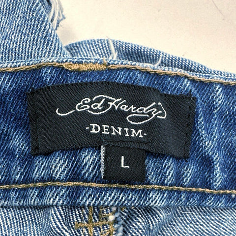 Vintage Y2K Ed Hardy Women's Blue Denim Cut Off Shorts Born Free Swallow Sz L