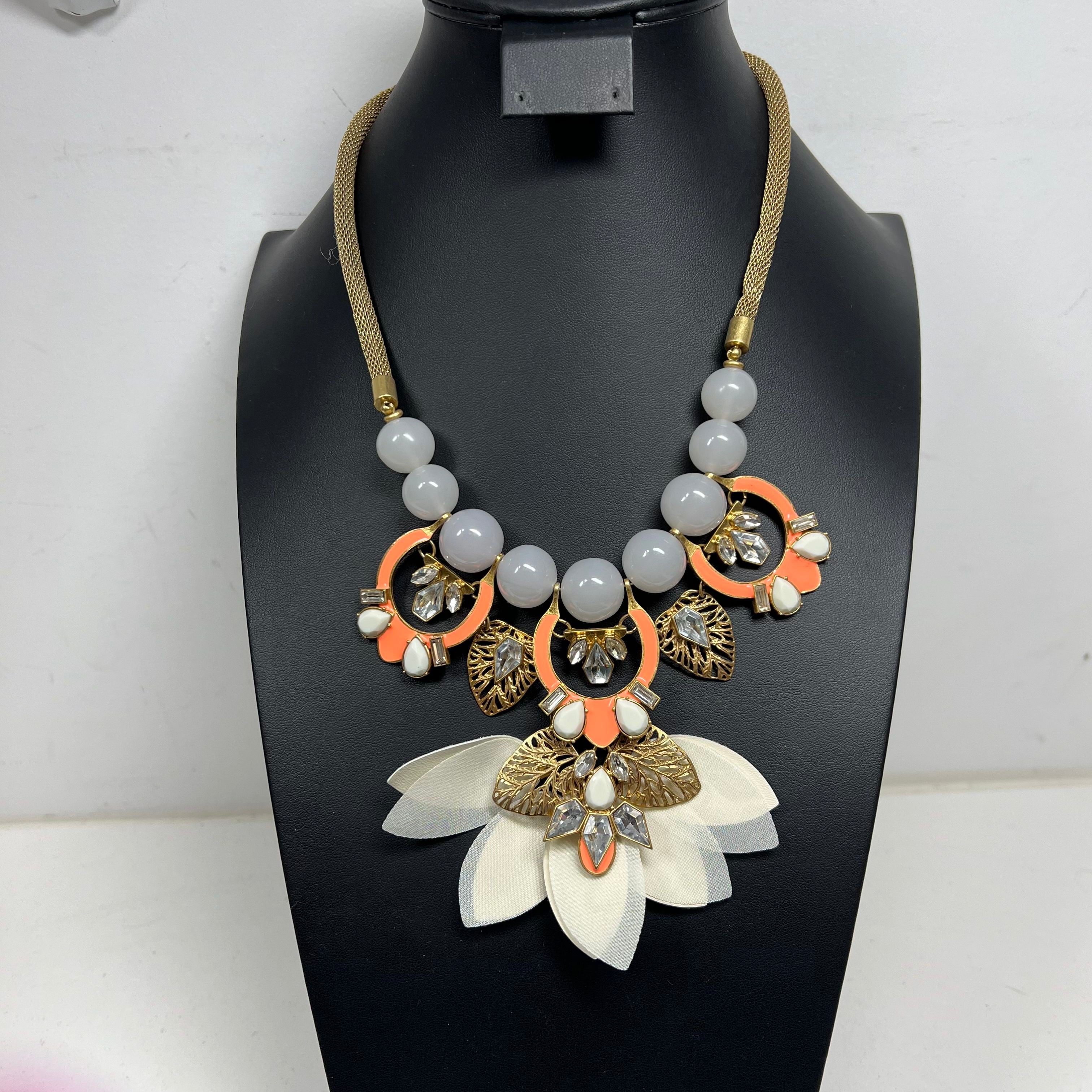 Stella & Dot Statement Necklace Gray Orange Gold Tone