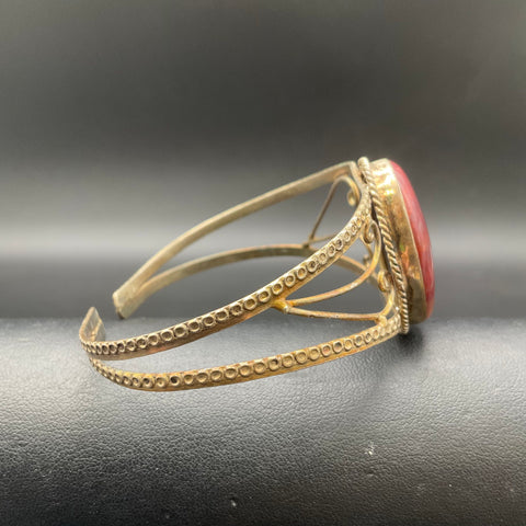 Vintage Gold Tone Red Jasper Stone Cabochon Cuff Bracelet Boho Artisan 7.5"