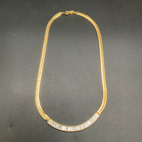 Vintage Swarovski Gold Tone Baguette Crystal Herringbone Necklace 16"