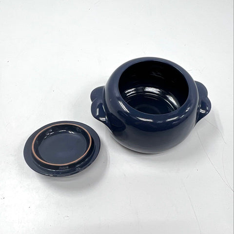 Frankoma 4V Lidded Casserole Serving Pot Navy Blue Pottery Mid-Century Vintage