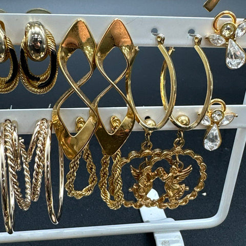 Vintage 1980s 90s Gold Tone Costume Jewelry Lot 24 Pairs Hoops Dangles Studs