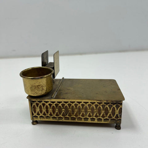 Vintage Swiss Music Box Brass Filigree Desk Caddy Inkwell Letter Holder