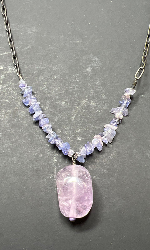 Artisan Sterling Silver Amethyst Chip & Pendant Necklace Dark Patina 20 Inch