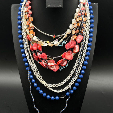 Vintage Boho Jewelry Lot 10 Necklaces Turquoise Style Shell Faux Pearl Beaded
