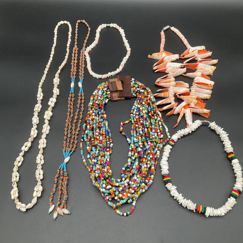 Vintage Tropical Shell and Seed Bead Jewelry Lot of 6 Necklaces Puka Boho