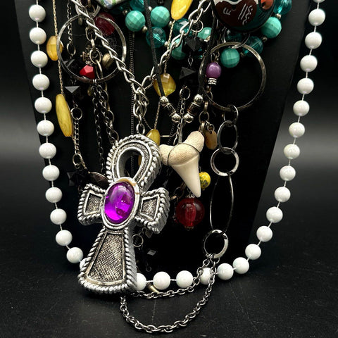 Mixed Fashion Necklace Lot Ankh Shark Tooth Peace Sign Celestial Beaded 20+ Pc