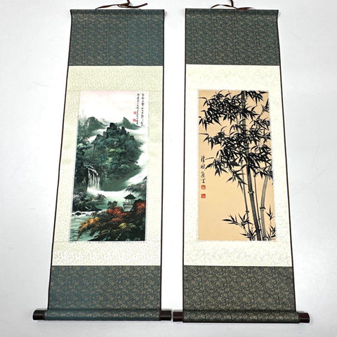 Grace Art Lot of 2 Silk Hanging Scrolls Landscape & Bamboo 32.5" Signed Art