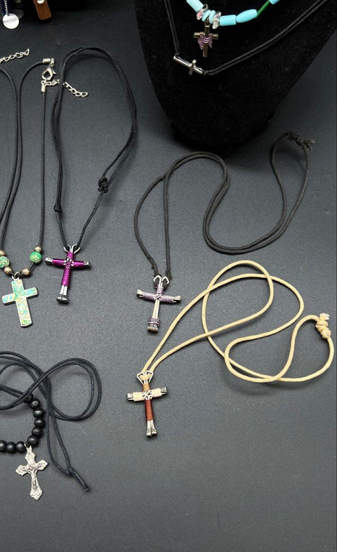 Religious Cross Jewelry Lot of 14 Necklaces Pendants Beaded Cord Mixed Styles