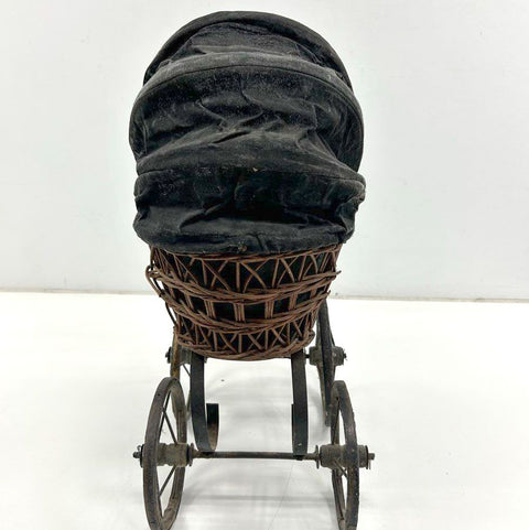 Antique 1920s Victorian Style Wicker Doll Carriage Buggy Metal Spoke Wheels