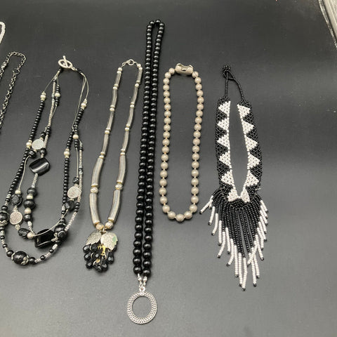 Mixed Fashion Necklace Lot of 9 Statement Beaded Silver Tone Black Tassel Bib