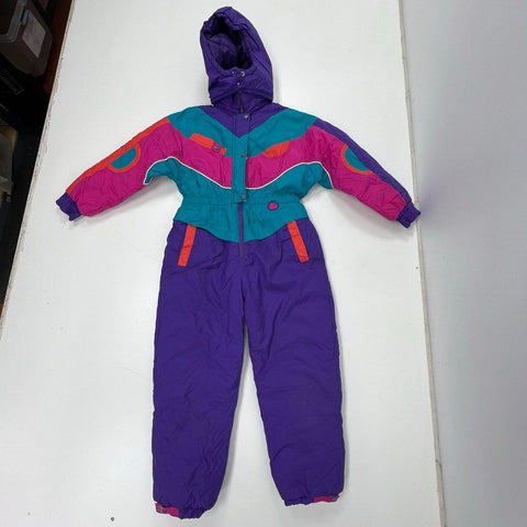 Moves Kids Vintage 90s One Piece Snowsuit Purple Multicolor Hooded Size M 10-12