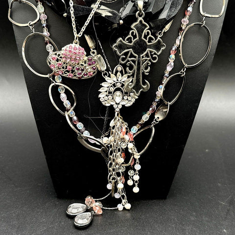 Mixed Costume Jewelry Lot Silver Tone Statement Necklaces Faux Pearl Beaded